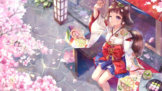 Anime girl enjoying spring with cherry blossoms in traditional kimono outdoors