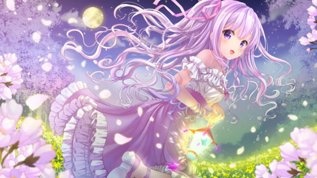 Anime girl with flowing purple hair holding a lantern in a spring garden full of flowers and moonlight