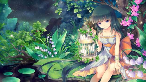 Anime girl with long hair holding a birdcage surrounded by spring flowers and plants