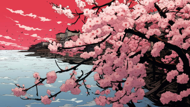 Beautiful spring scenery with cherry blossoms blooming over a peaceful riverside town in anime style