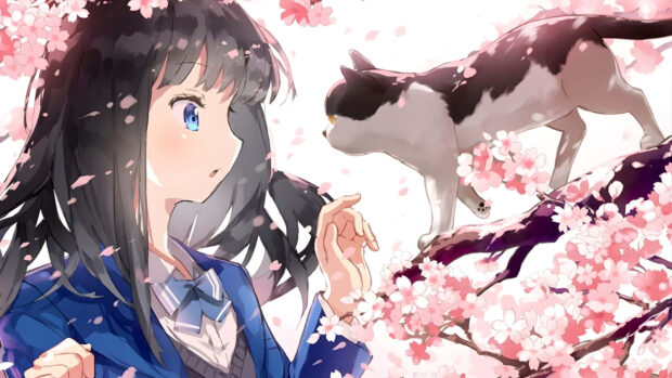 Girl with black hair in blue uniform reaching out to a cat on cherry blossom tree in spring anime