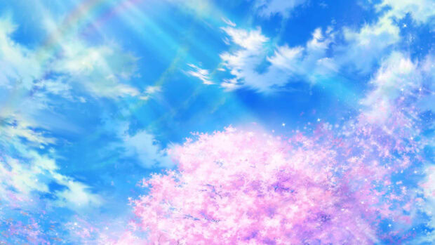 Soft pink cherry blossoms bloom under a clear blue sky in spring anime