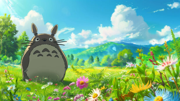 Totoro standing in a spring meadow filled with colorful flowers and green hills under a bright blue sky