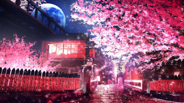 Traditional street with cherry blossoms during spring season in anime style