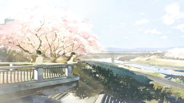 Two anime characters standing on a bridge under blooming cherry blossoms in spring