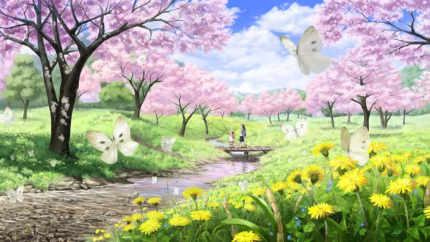 Two children walking on a bridge in a spring anime scene with cherry blossoms and butterflies