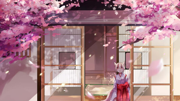 A fox girl in traditional clothing stands under blooming cherry blossoms in spring anime scenery