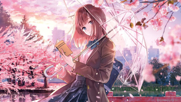 A girl reading a book with cherry blossoms in spring
