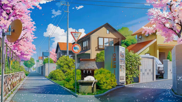 A peaceful anime spring street scene with cherry blossoms and a sleeping cat