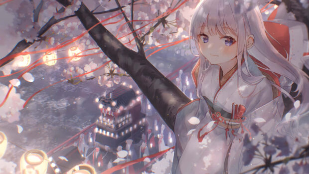 A serene girl in traditional attire surrounded by blooming spring anime scenery