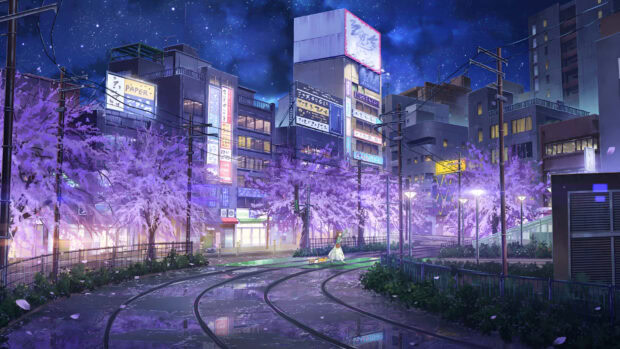 Anime spring cityscape with blooming trees and a person walking a dog at night