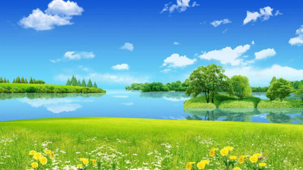 A bright spring landscape with green grass yellow flowers and a calm lake reflecting trees and blue sky
