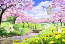 A spring landscape with blooming flowers pink trees and butterflies near a small wooden bridge