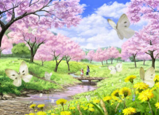 A spring landscape with blooming flowers pink trees and butterflies near a small wooden bridge