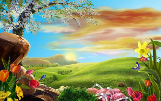 A spring landscape with flowers butterflies and rolling hills under a colorful sky