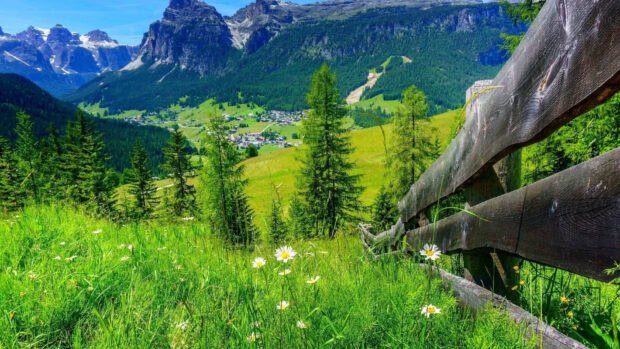 Green hills and wildflowers in spring landscape with wooden fence and distant mountain village