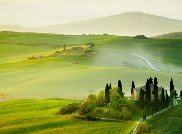 Rolling hills in spring landscape with green fields and countryside houses surrounded by trees