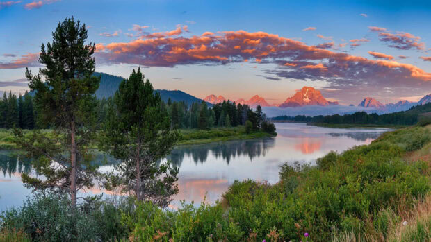 Spring mountain landscape with trees and river at sunrise