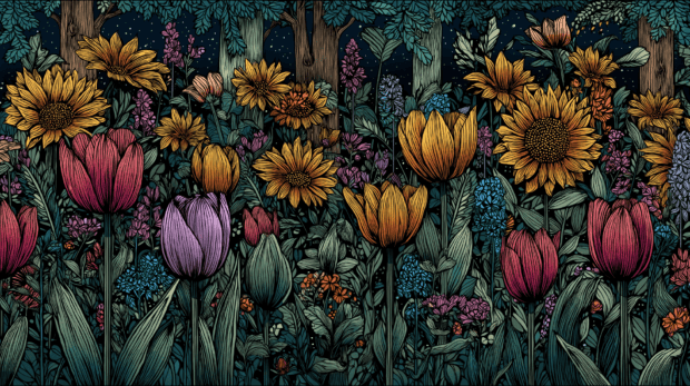 A detailed spring scene with tulip and sunflower flora under trees at night