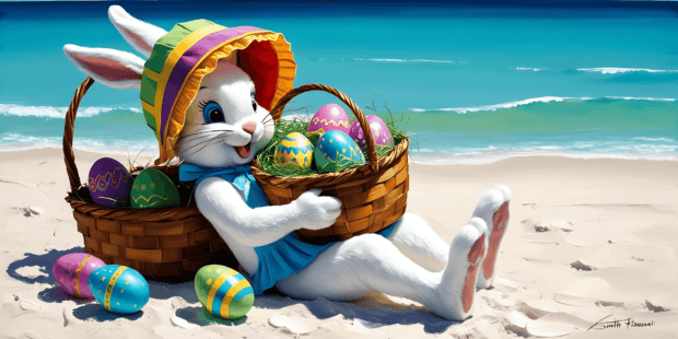 A happy spring bunny holding a basket of colorful Easter eggs on a sandy beach