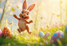 A joyful bunny surrounded by colorful eggs celebrating spring