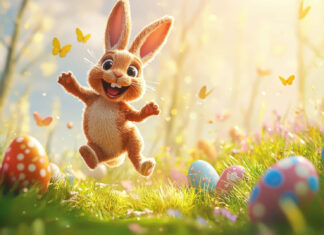 A joyful bunny surrounded by colorful eggs celebrating spring