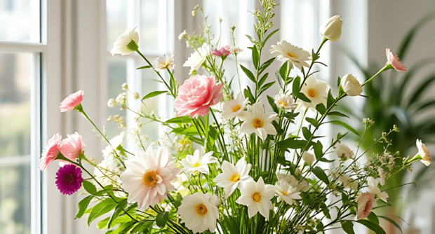 A spring bouquet of flowers with daisy and rose blossoms in a bright room