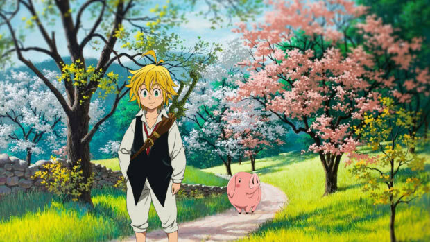 A spring scene with animated character and a pig on a path surrounded by blossoming trees