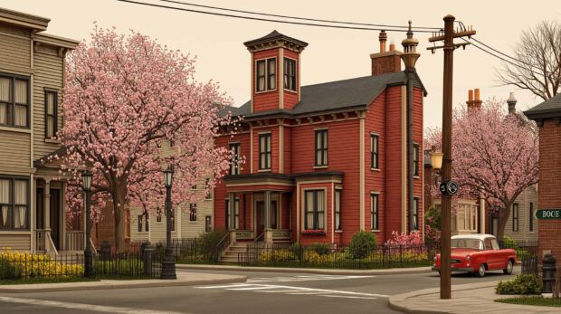 A spring street scene with blooming cherry blossom trees and vintage houses in a quiet neighborhood