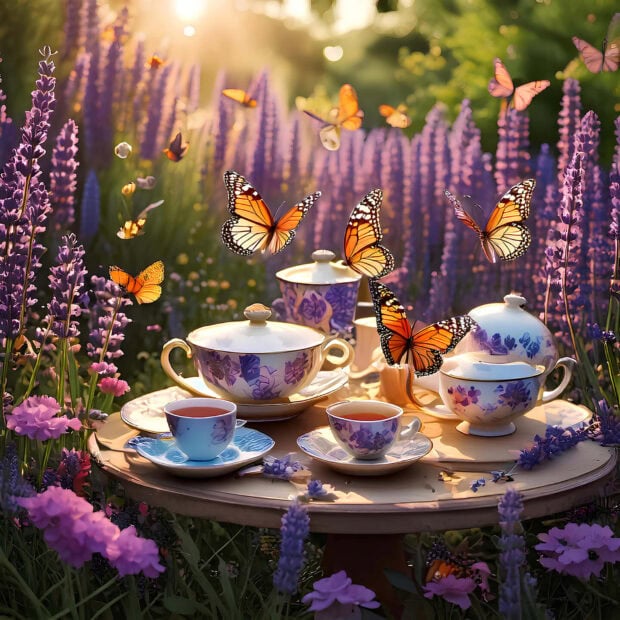 A tea set on a table surrounded by flowers and butterflies in a spring garden