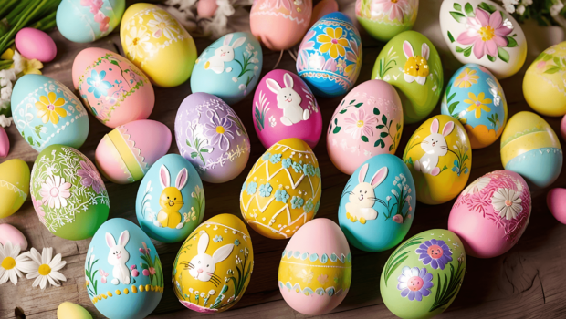 Colorful decorated Easter eggs with bunny and floral designs for spring celebration