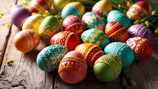 Colorful spring eggs with intricate patterns arranged on a wooden surface in natural light