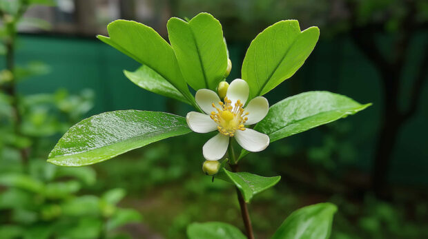 Fresh spring blossom with green leaves on a plant in vivid nature scene