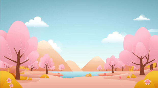 Pink trees and calm lake under a clear spring sky with mountains in the background