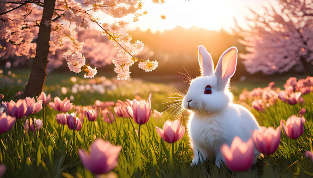 A white rabbit surrounded by tulips and cherry blossoms during spring sunlight