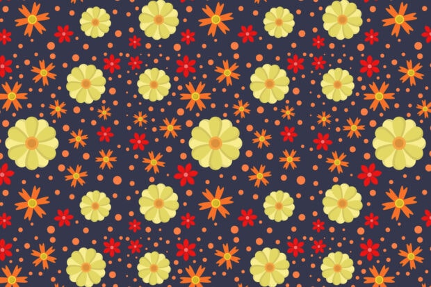 Yellow and orange flowers pattern with spring design elements on a dark background