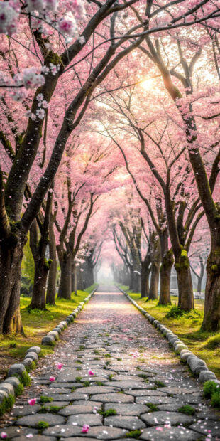 A stone pathway lined with cherry blossom trees in full bloom during spring