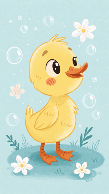 Cute yellow duckling with spring flowers and bubbles on a blue background
