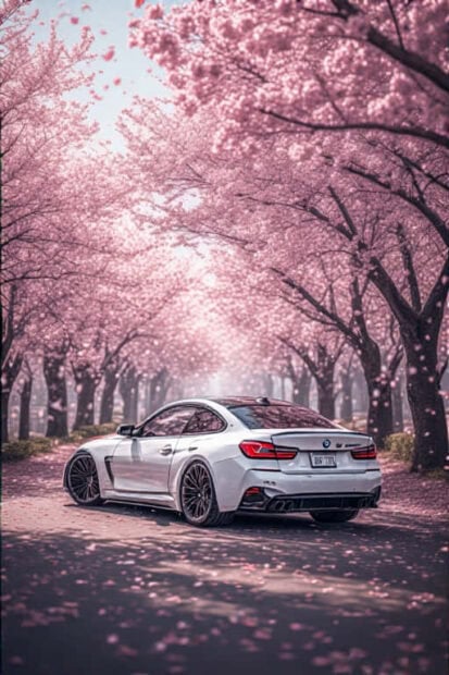 A white car parked on a road surrounded by blooming cherry trees in spring