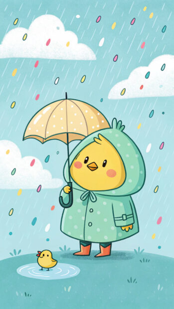 Cute chick wearing a raincoat holding an umbrella in spring rain