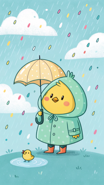 Cute chick wearing a raincoat holding an umbrella in spring rain