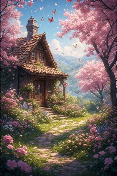 A charming cottage surrounded by blooming flowers and butterflies in a spring garden
