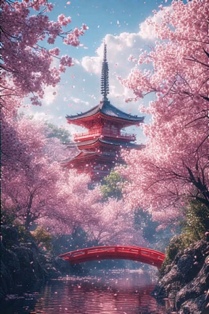 Traditional pagoda surrounded by cherry blossoms in spring breeze