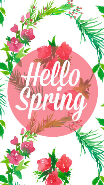 Hello spring written with flowers and greenery on a white background in bright colors