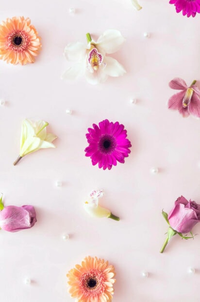 Various spring flowers scattered on a light pink surface with pearls