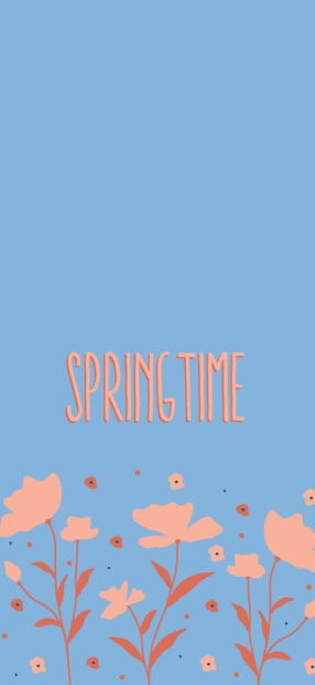 Spring time text with pink flowers on blue background for iPhone