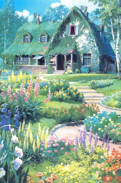 A spring garden with colorful flowers surrounding a moss covered cottage in a peaceful setting