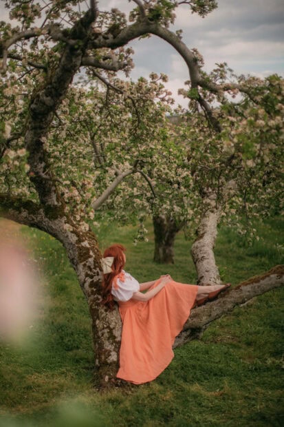 Redhead woman in spring dress resting on tree branch in orchard with blossoms