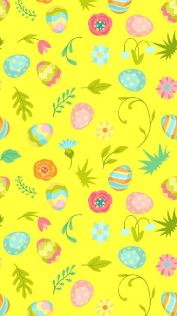 Colorful spring eggs and flowers pattern on yellow background