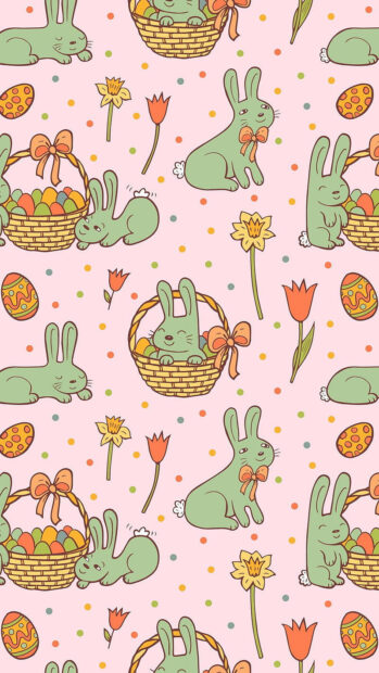 Cute bunny pattern with spring flowers and Easter eggs on a pink background